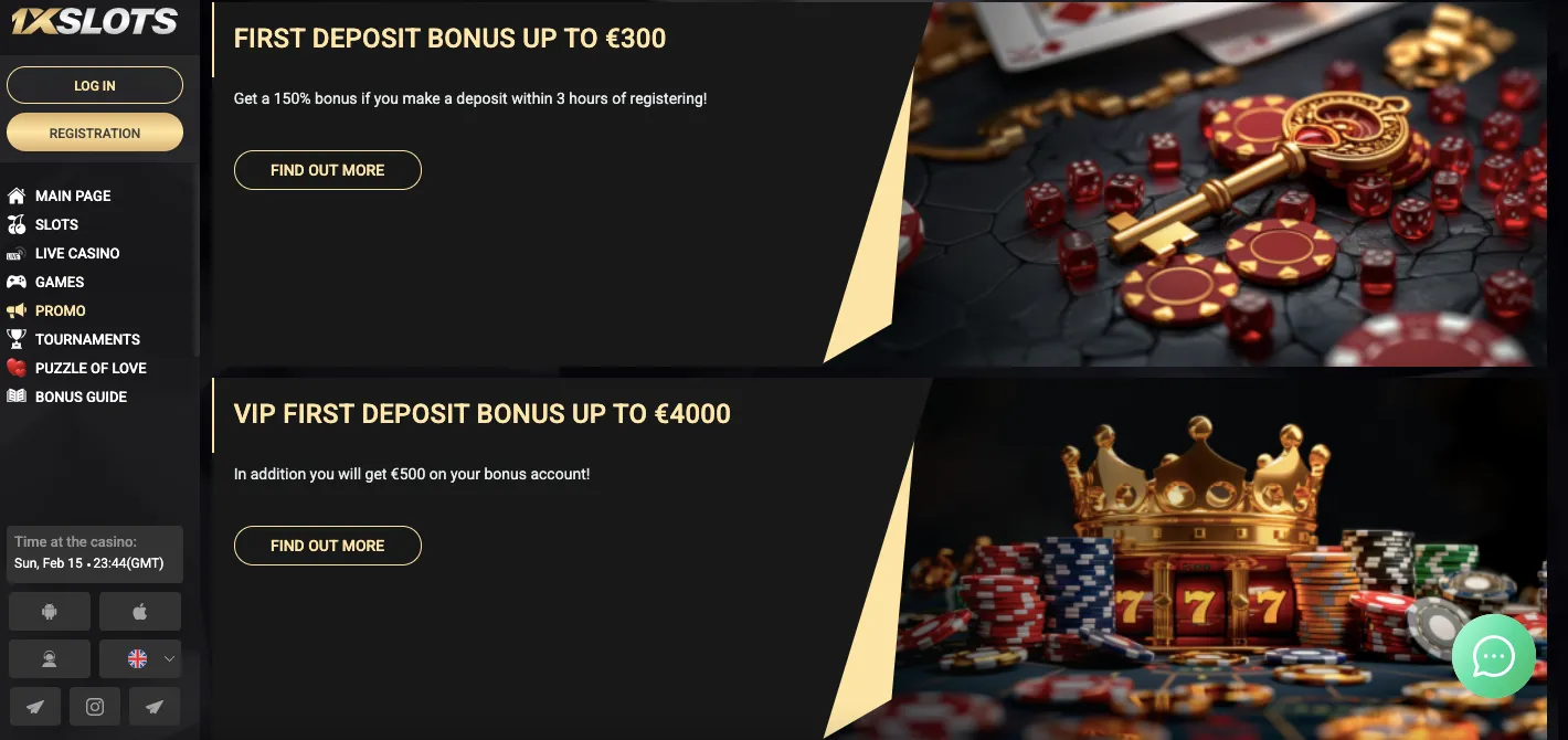 Presentación visual de 1xSlots con estilo negro y dorado para la oferta de casino premium