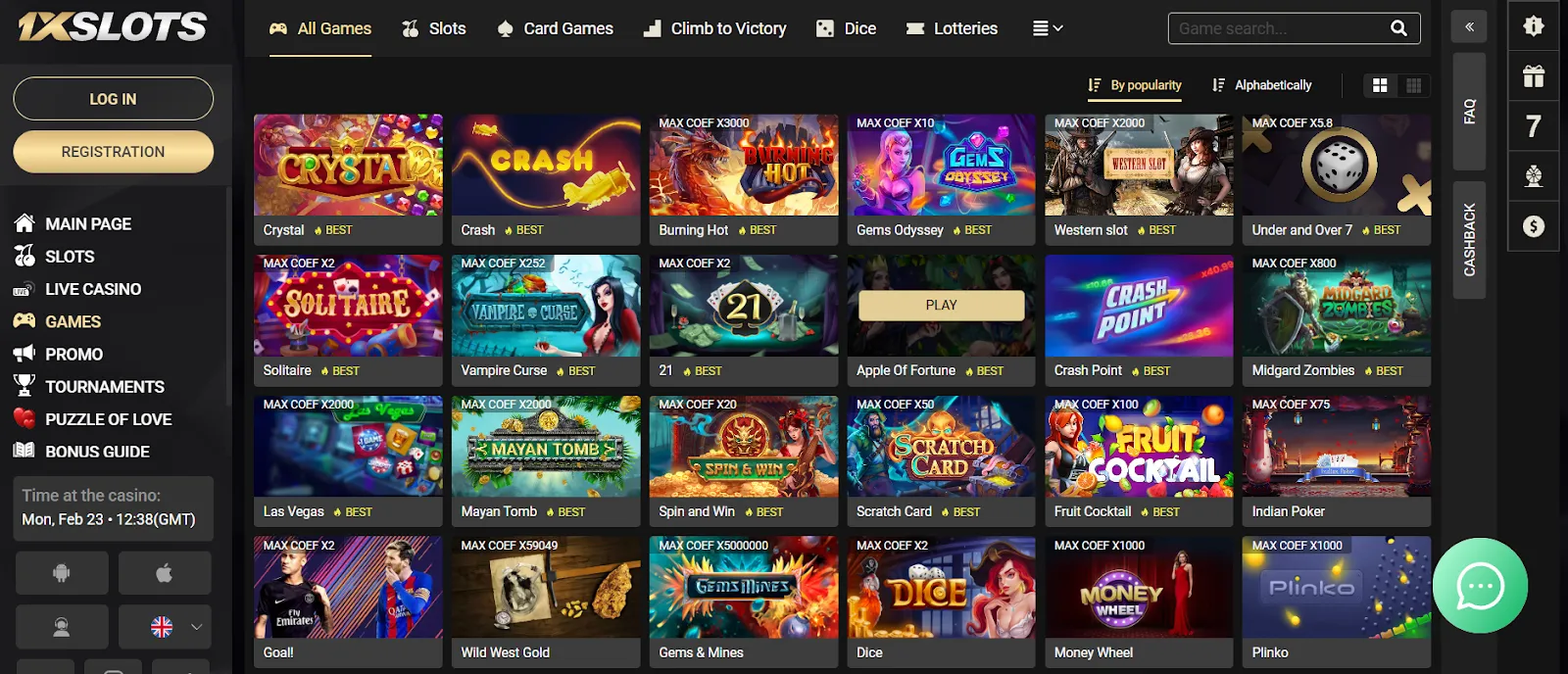 Selección de juegos populares en 1xSlots con interfaz de casino premium