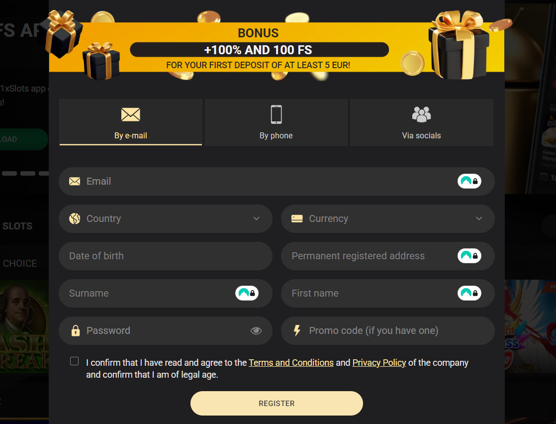 Proceso de registro en 1xSlots antes de acceder al casino en vivo y promociones