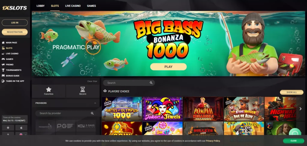 Sección de proveedores de juego en 1xSlots con estudios reconocidos del mercado